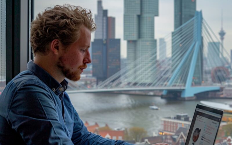 Een witte man schrijft en CV op zijn laptop op kantoor met een uitzicht op de erasmus brug en de hoofbouw van Rotterdam.