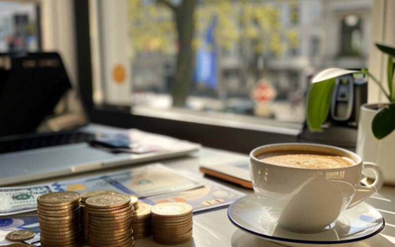 Geld, bak koffie en een spel op een bureau met uitzicht naar buiten door een raam op een straat.