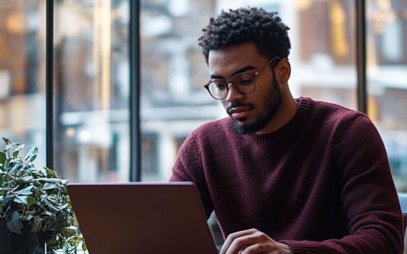 Een man schrijft met de laptop een ontslag brief