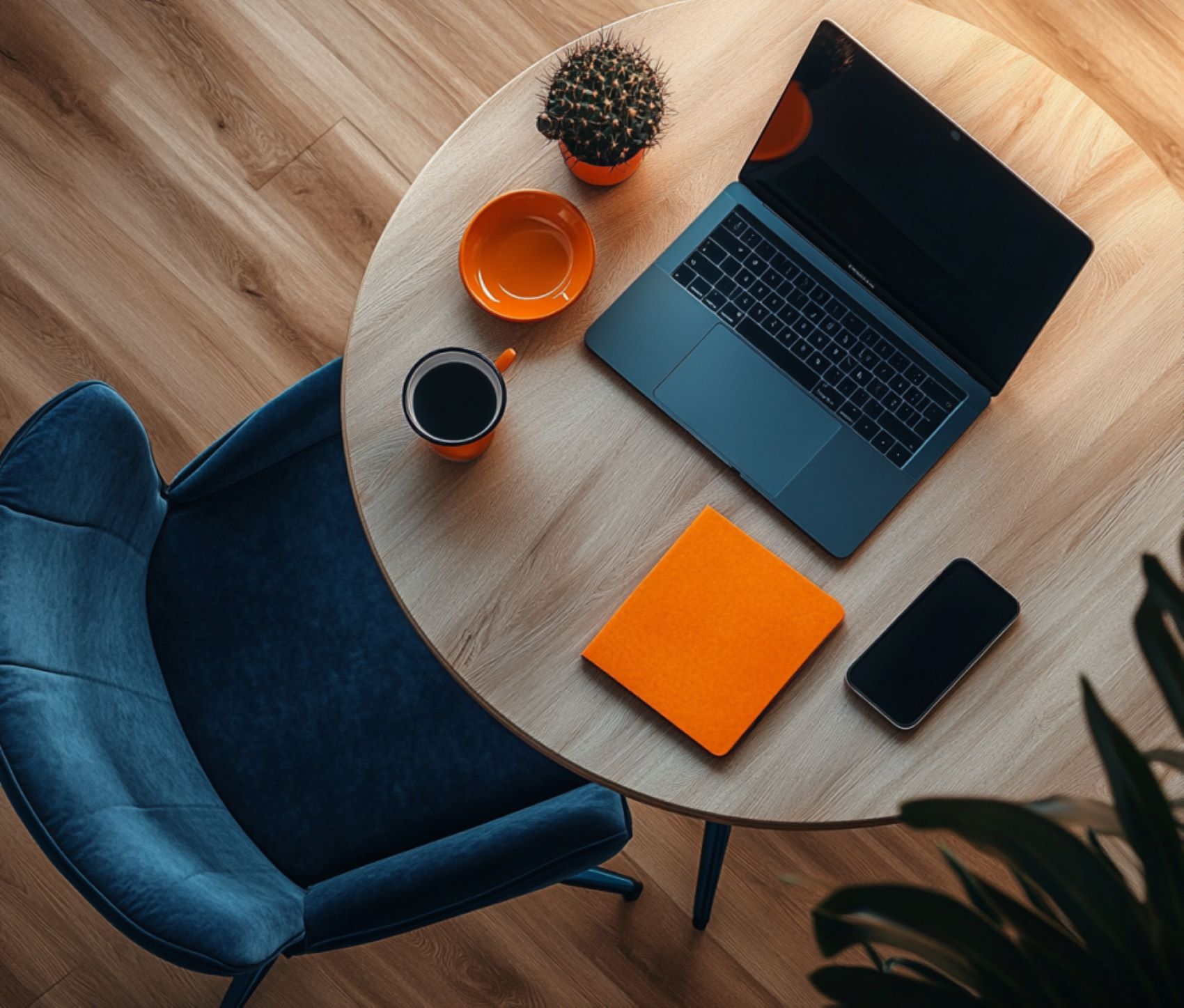 Een bureau met oranje accenten.