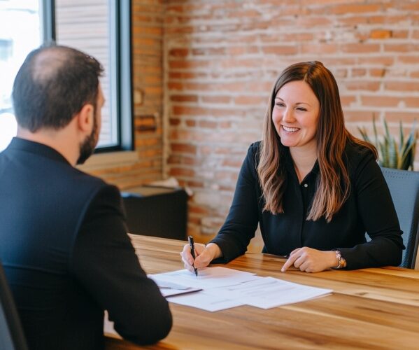 Een man en een vrouw zijn een arbeidsvoorwaardengesprek aan het voeren. De vrouw heeft een lach op haar gezicht en is tussendoor aan het notuleren.