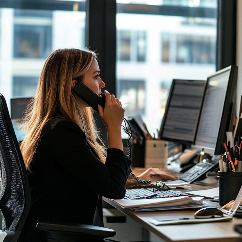 Een vrouw die achter haar werktafel zit en aan het telefoneren is