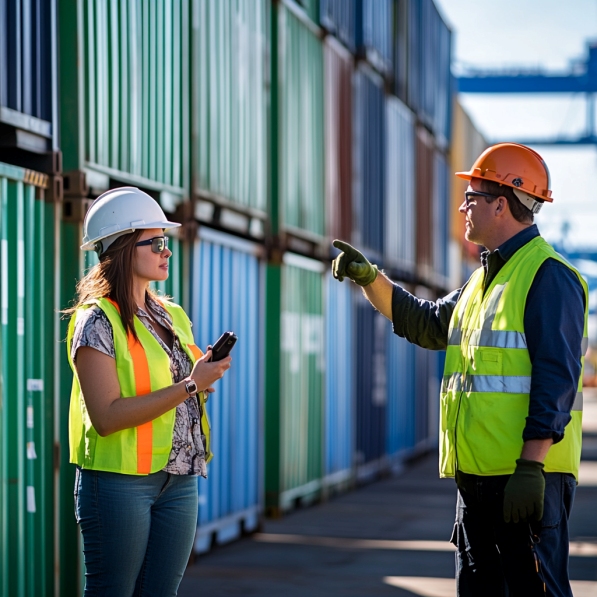 twee logistiek medewerkers haven. ze zijn in gesprek met elkaar en dragen veiligheidshesjes en een helm. op de achtergrond zie je containers.