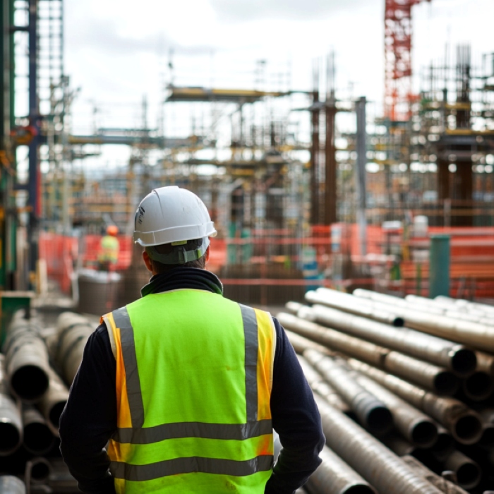 Een projectvoorbereider machinebouw die buiten voor zijn project staat. Hij heeft een hesje aan en een bouwhelm op. Op de achtergrond zie je stalen buizen, hijskranen en steigers