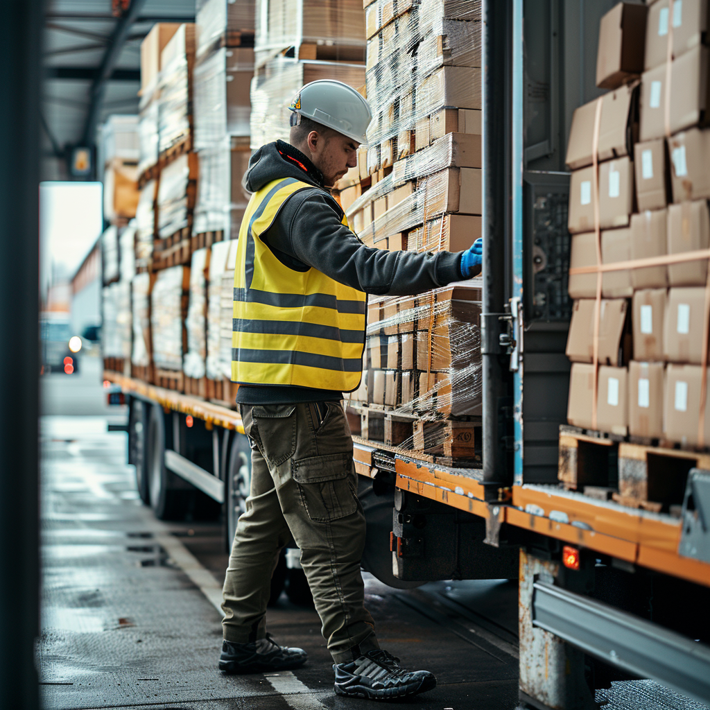 Een logistiek medewerker die aan het werk is in een magazijn. Je ziet allerlei dozen en hij draagt werkkleding en een helm.