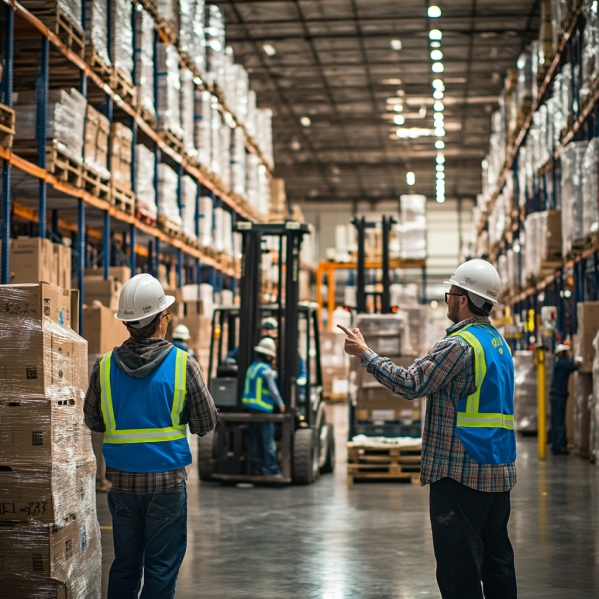 Orderpickers in een magazijn. Je ziet vele dozen in een magazijn staan waar medewerkers in werkkleding producten aan het pakken zijn