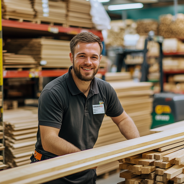 Een man die lacht in de camera en werkkleding draagt. Hij is een verkoper in een bouwwinkel. Hij staat in het magazijn met allerlei houten planken op de achtergrond en in zijn hand.