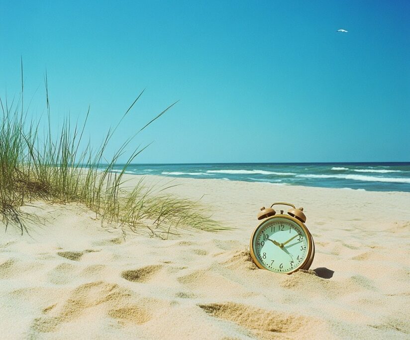 Een klok ligt op het strand in de zomer.